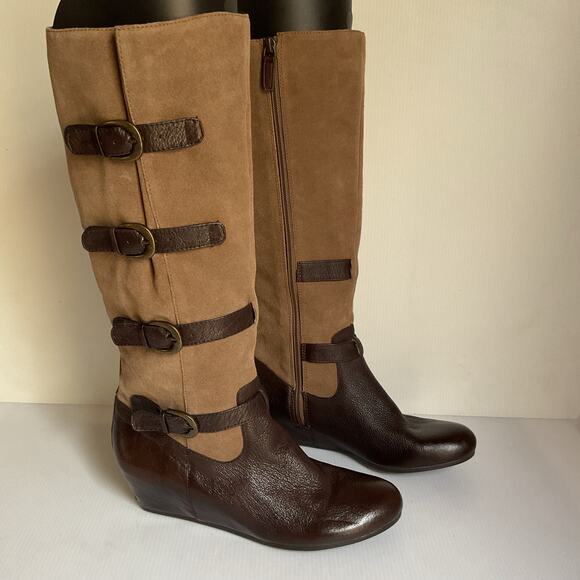 Crown Vintage Clover Knee High Leather & Suede Boots Brown Tan Size 8 - Picture 4 of 9